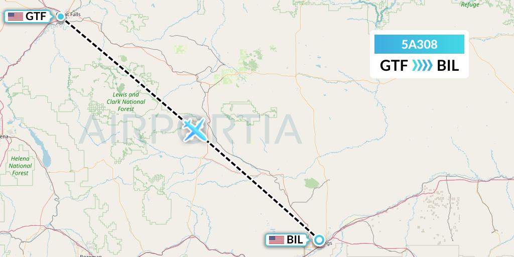 5A308 Alpine Air Express Flight Map: Great Falls to Billings