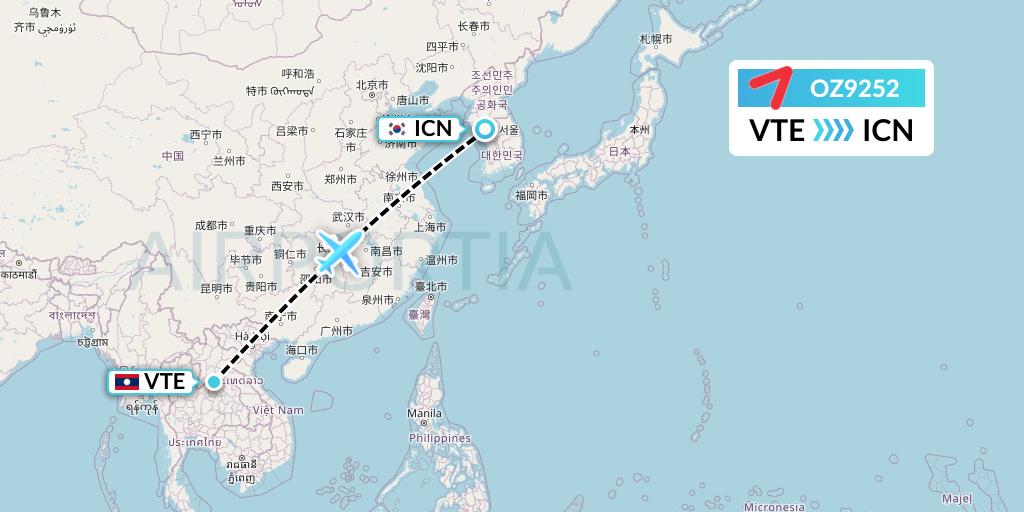 OZ9252 Asiana Airlines Flight Map: Vientiane to Seoul
