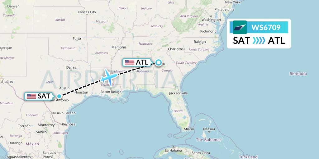 WS6709 WestJet Flight Map: San Antonio to Atlanta