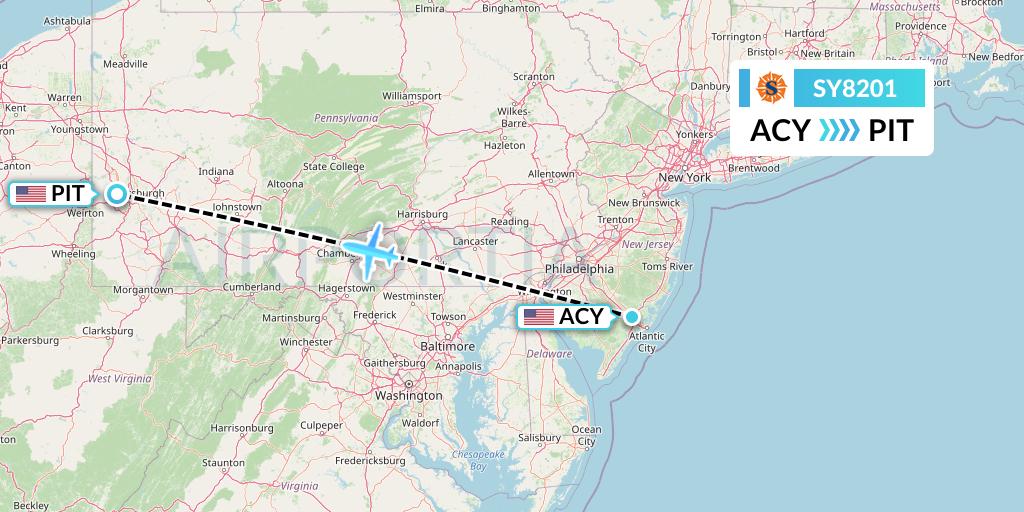 SY8201 Sun Country Airlines Flight Map: Atlantic City to Pittsburgh