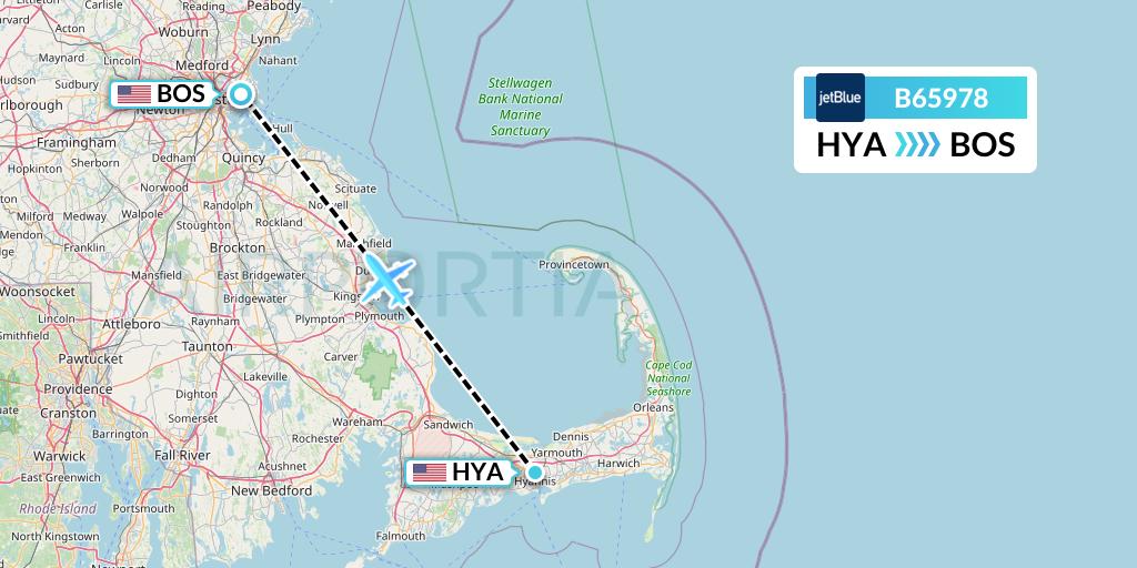 B65978 JetBlue Airways Flight Map: Hyannis to Boston