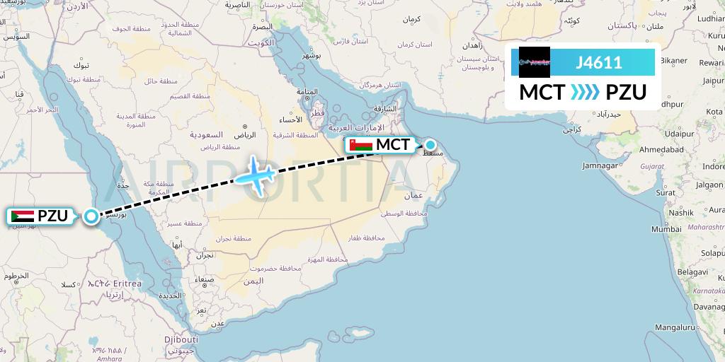 J4611 Badr Airlines Flight Map: Muscat to Port Sudan
