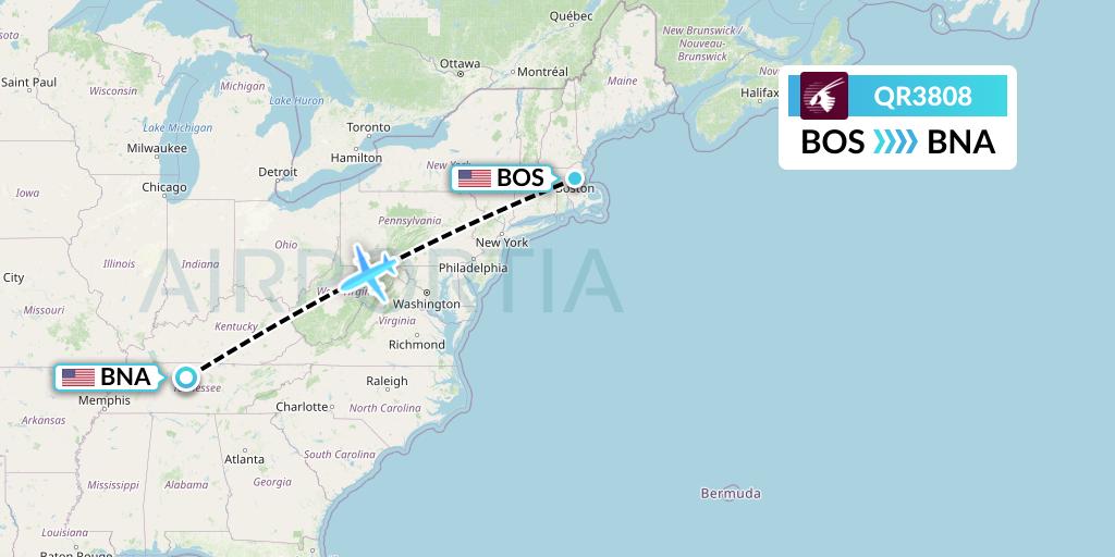 QR3808 Qatar Airways Flight Map: Boston to Nashville