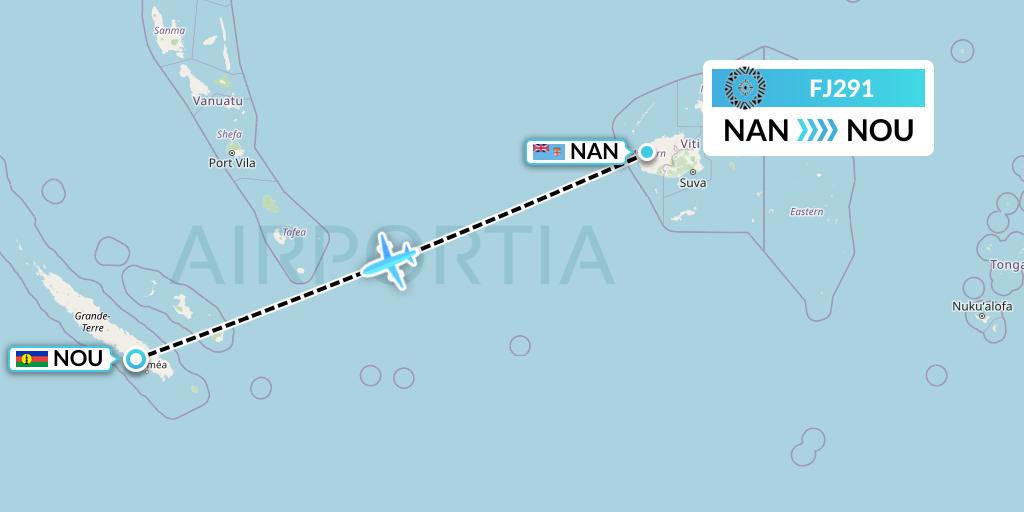FJ291 Fiji Airways Flight Map: Nadi to Noumea