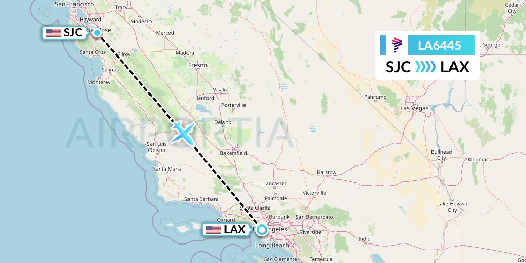 LA6445 LAN Airlines Flight Map: San Jose to Los Angeles