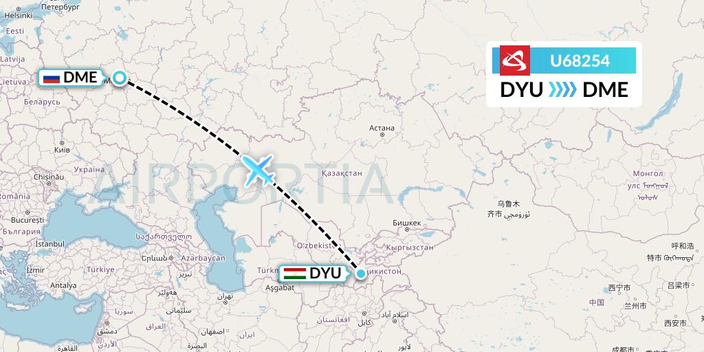 U68254 Ural Airlines Flight Map: Dushanbe to Moscow