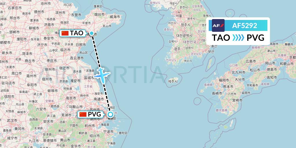 AF5292 Air France Flight Map: Qingdao to Shanghai