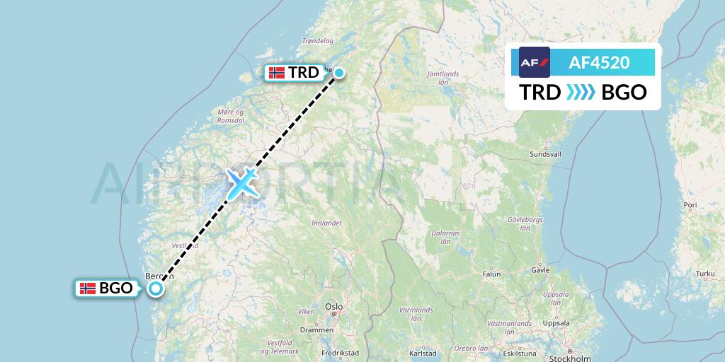 AF4520 Air France Flight Map: Trondheim to Bergen