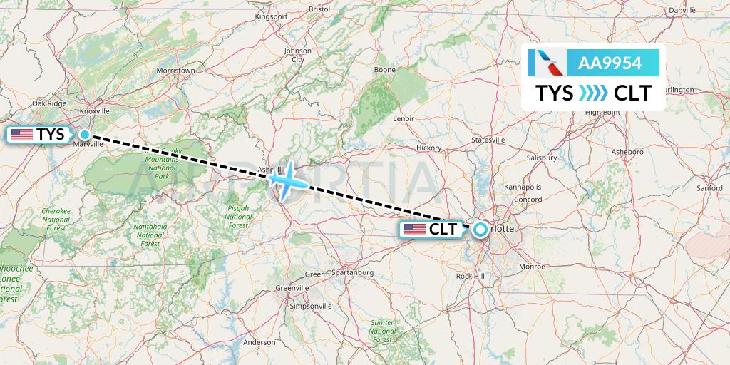 AA9954 American Airlines Flight Map: Knoxville to Charlotte