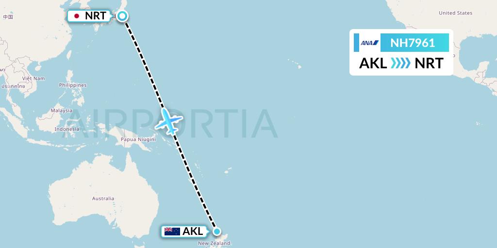 NH7961 All Nippon Airways Flight Map: Auckland to Tokyo