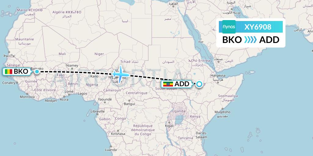 XY6908 Flynas Flight Map: Bamako to Addis Ababa