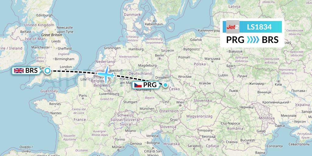 LS1834 Jet2 Flight Map: Prague to Bristol