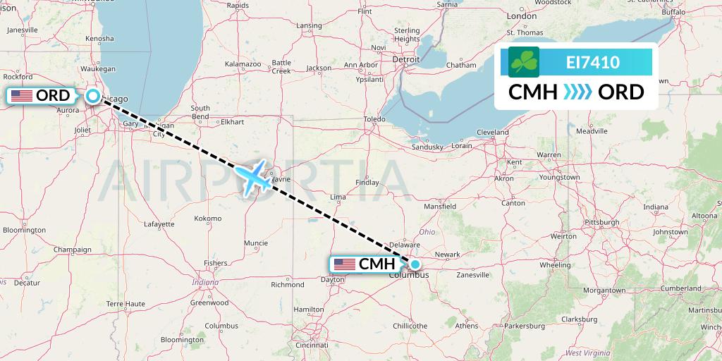 EI7410 Aer Lingus Flight Map: Columbus to Chicago