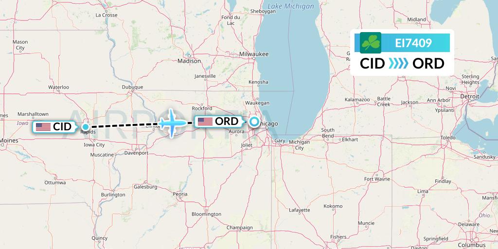 EI7409 Aer Lingus Flight Map: Cedar Rapids to Chicago