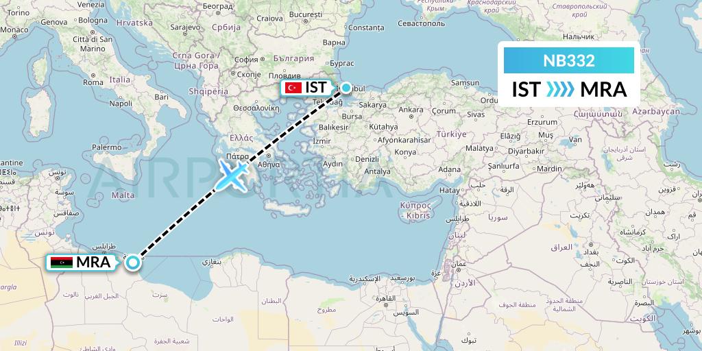 NB332 Berniq Airways Flight Map: Istanbul to Misrata