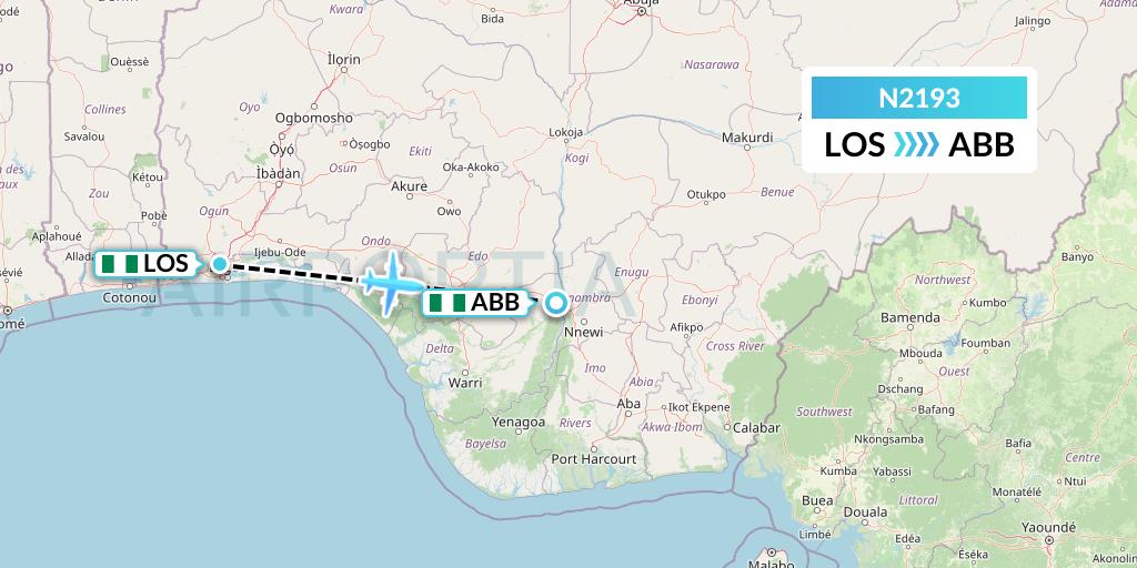 N2193 Aero Contractors Company Of Nigeria Flight Map: Lagos to Asaba