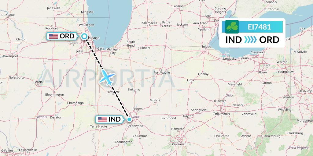 EI7481 Aer Lingus Flight Map: Indianapolis to Chicago