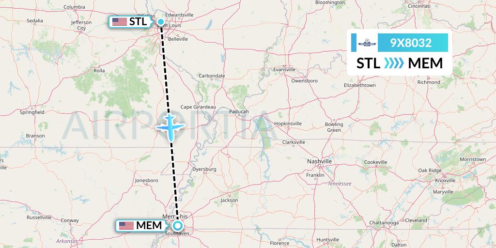 9X8032 Southern Airways Express Flight Map: St. Louis to Memphis