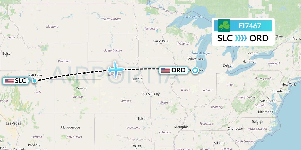 EI7467 Aer Lingus Flight Map: Salt Lake City to Chicago