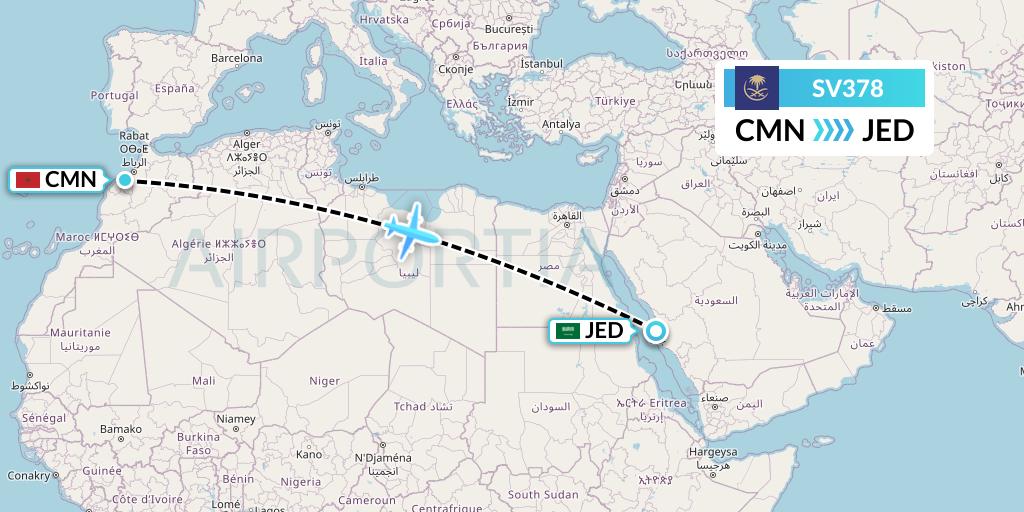 SV378 Saudi Arabian Airlines Flight Map: Casablanca to Jeddah