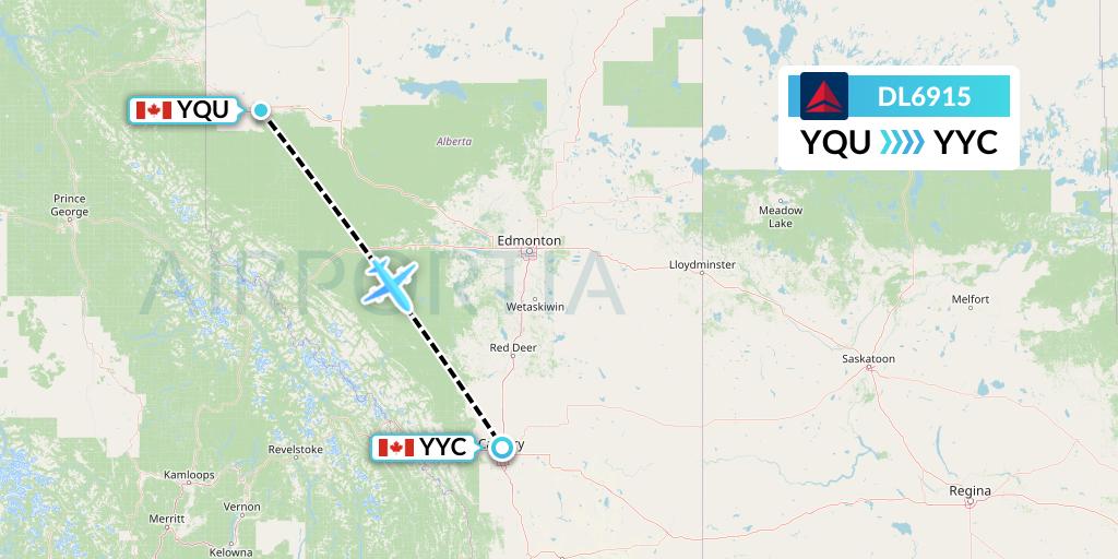DL6915 Delta Air Lines Flight Map: Grande Prairie to Calgary