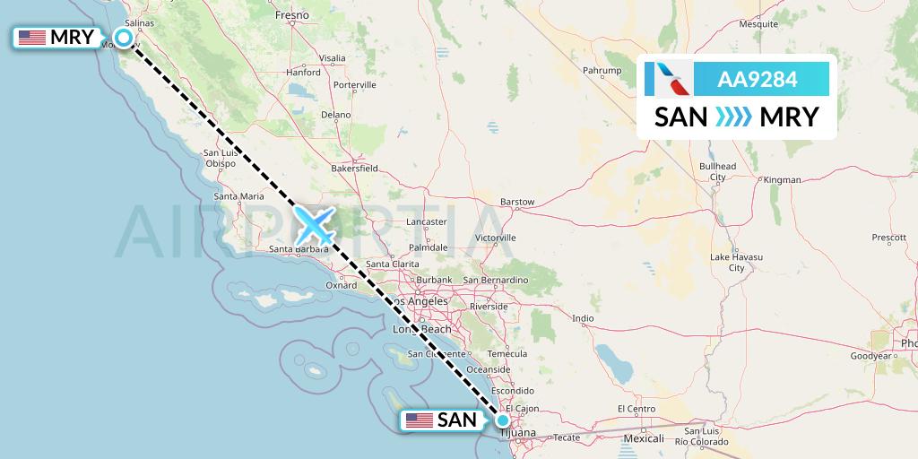 AA9284 American Airlines Flight Map: San Diego to Monterey