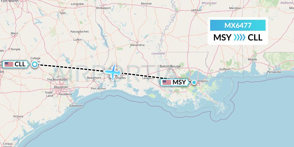 MX6477 Breeze Airways Flight Map: New Orleans to College Station