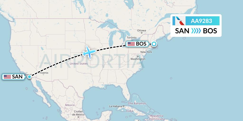 AA9283 American Airlines Flight Map: San Diego to Boston