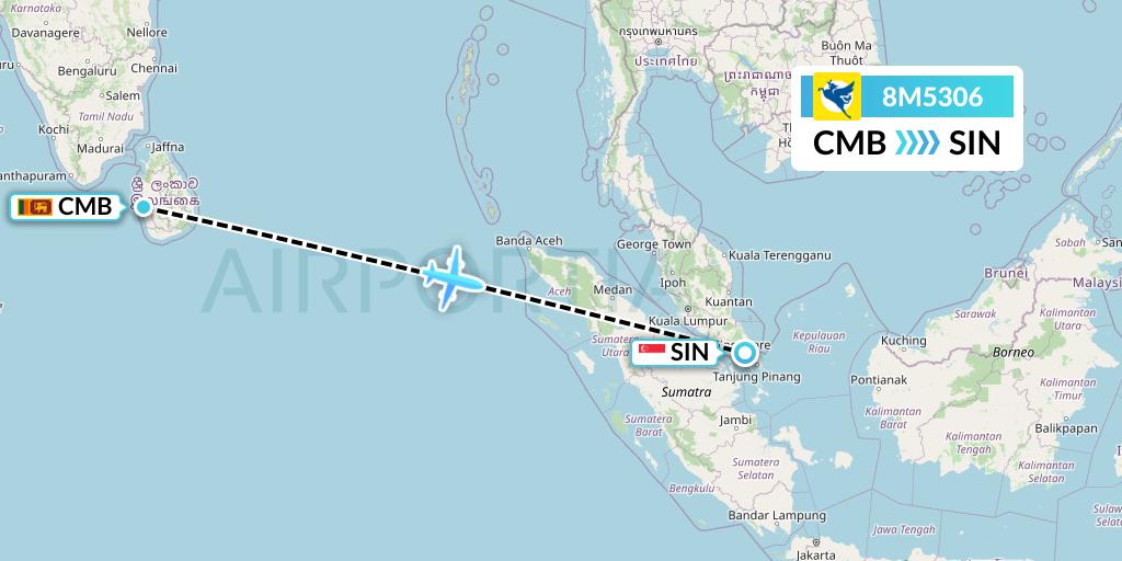 8M5306 Myanmar Airways International Flight Map: Colombo to Singapore
