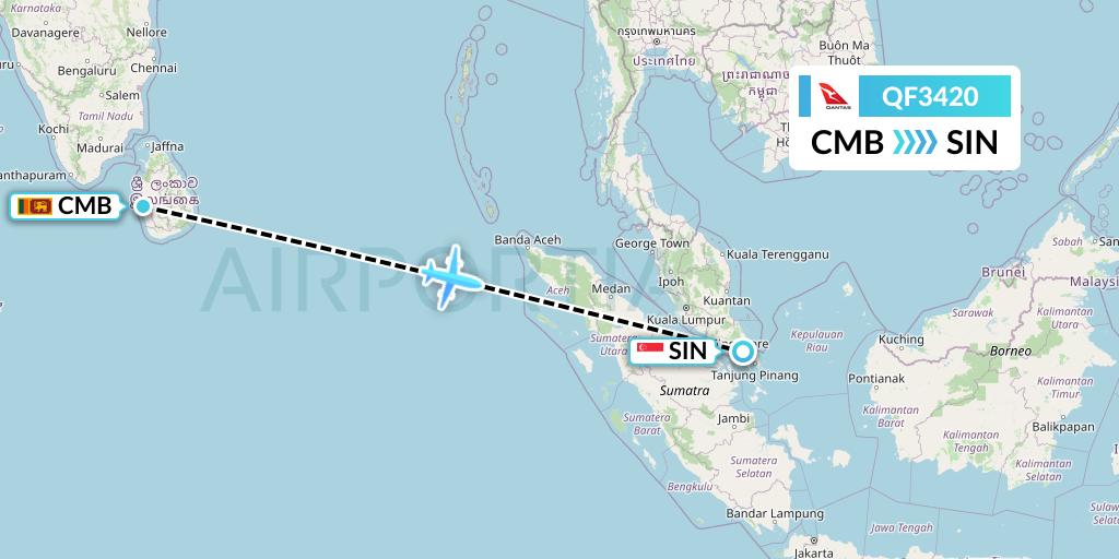 QF3420 Qantas Flight Map: Colombo to Singapore