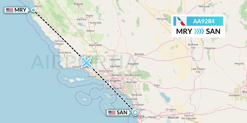 AA9284 American Airlines Flight Map: Monterey to San Diego