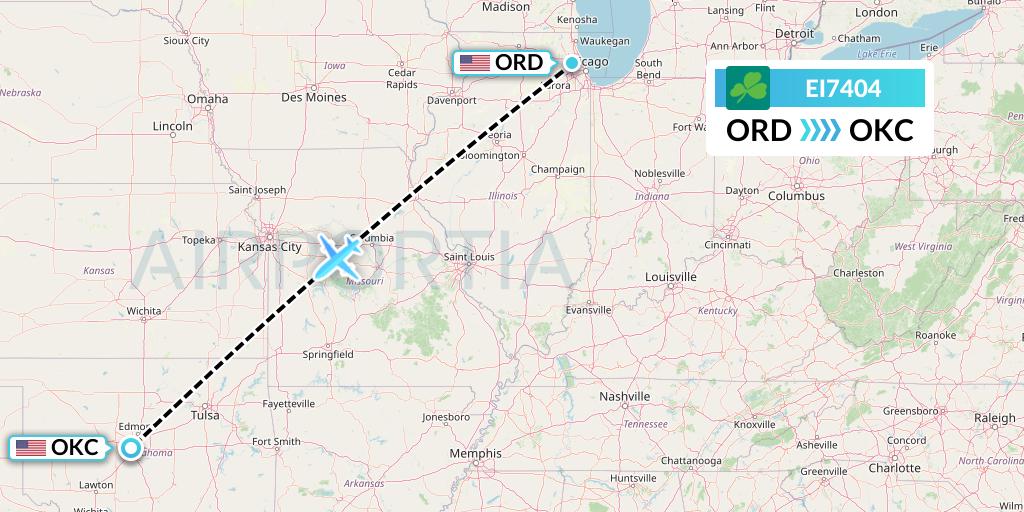 EI7404 Aer Lingus Flight Map: Chicago to Oklahoma City