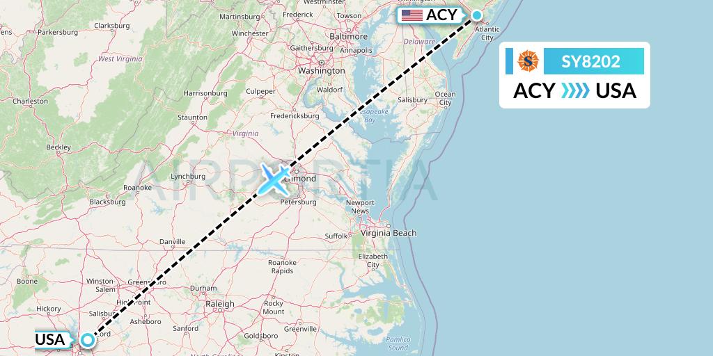 SY8202 Sun Country Airlines Flight Map: Atlantic City to Concord