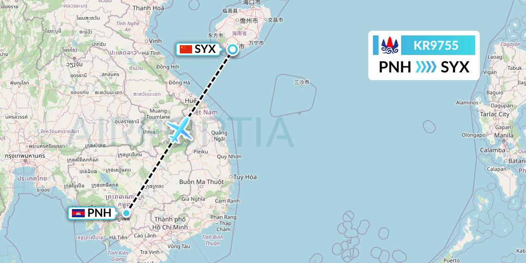 KR9755 Cambodia Airways Flight Map: Phnom Penh to Sanya