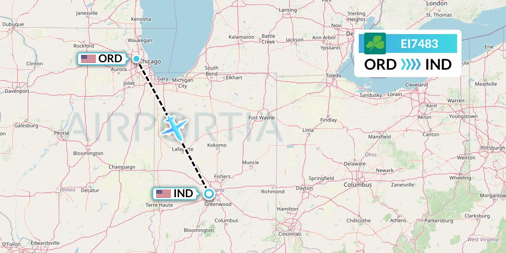 EI7483 Aer Lingus Flight Map: Chicago to Indianapolis