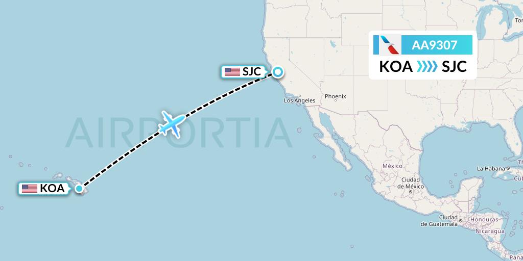 AA9307 American Airlines Flight Map: Kailua-Kona to San Jose