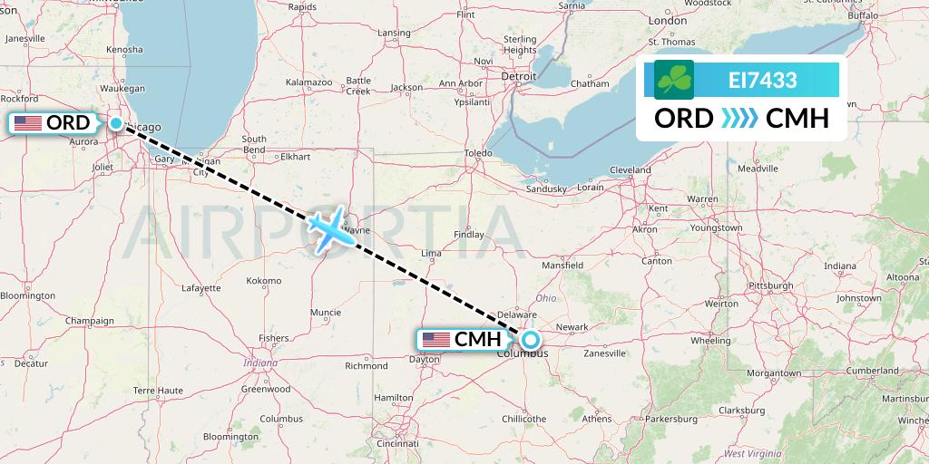 EI7433 Aer Lingus Flight Map: Chicago to Columbus