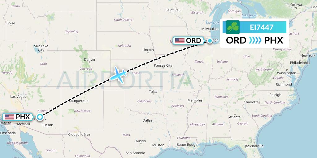 EI7447 Aer Lingus Flight Map: Chicago to Phoenix