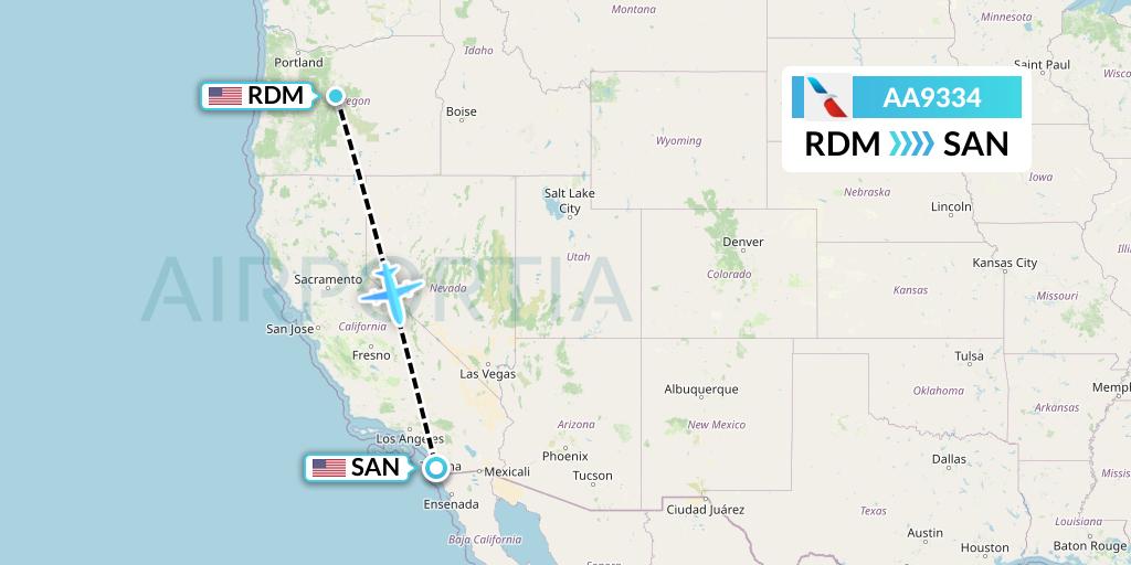 AA9334 American Airlines Flight Map: Redmond to San Diego