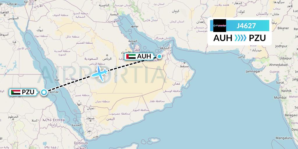 J4627 Badr Airlines Flight Map: Abu Dhabi to Port Sudan