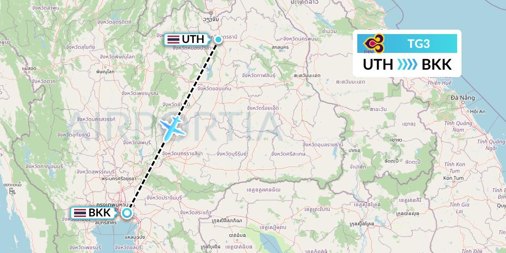TG3 Thai Airways Flight Map: Udon Thani to Bangkok