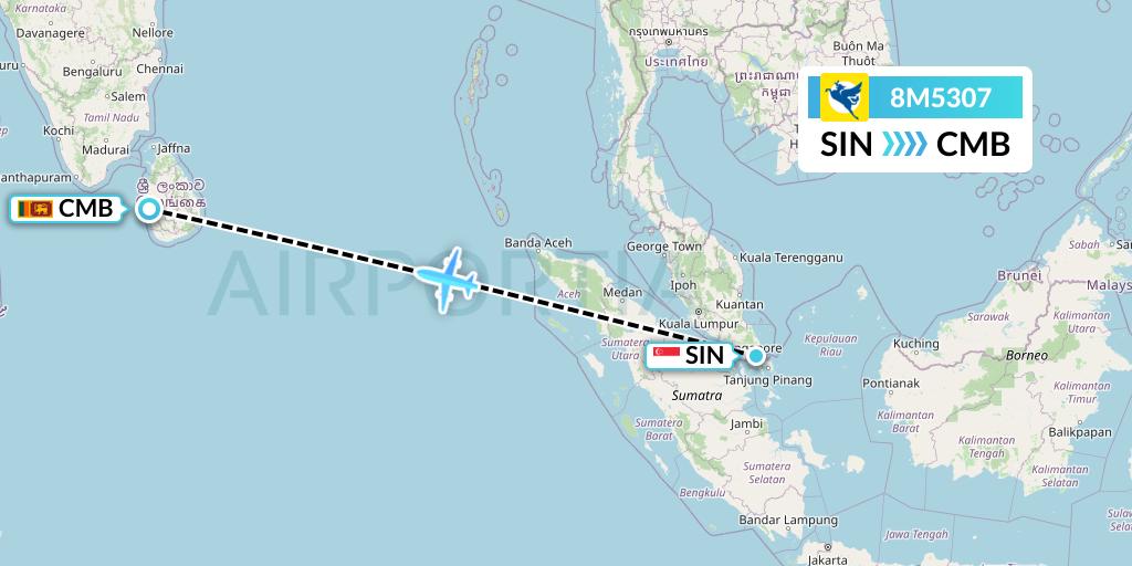 8M5307 Myanmar Airways International Flight Map: Singapore to Colombo