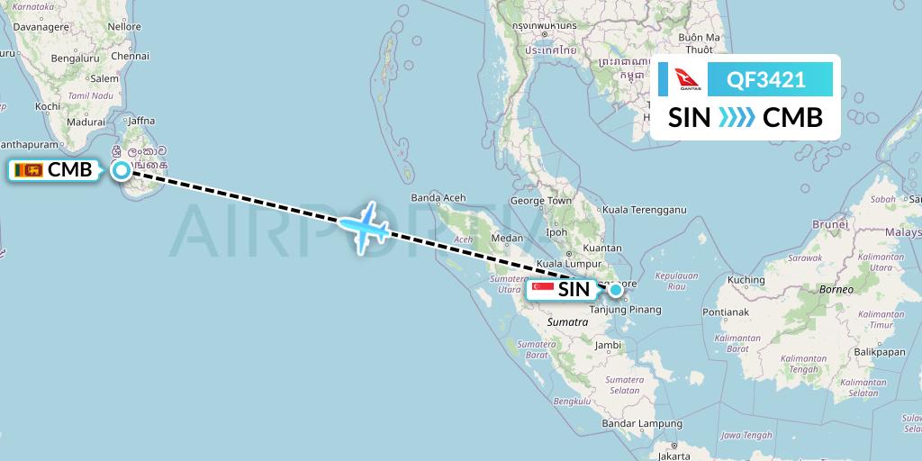 QF3421 Qantas Flight Map: Singapore to Colombo