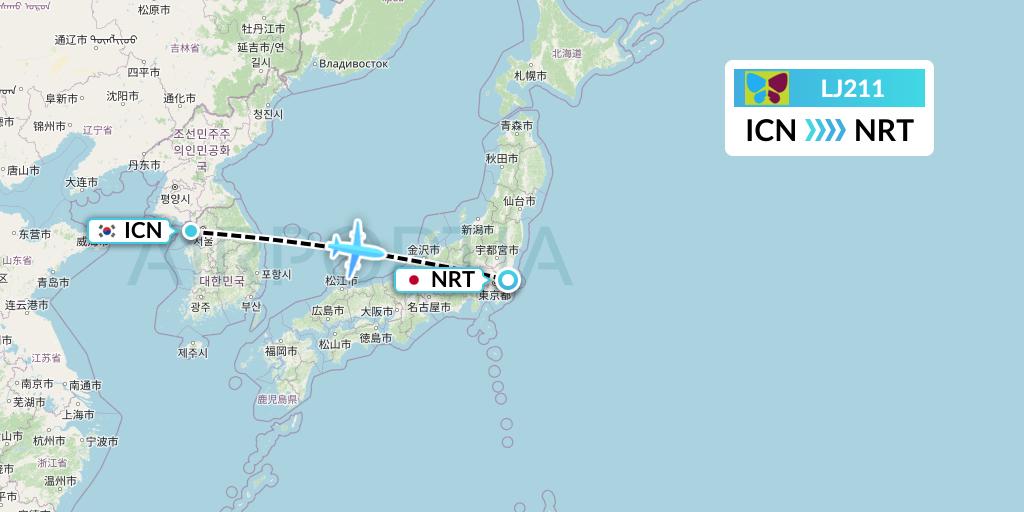 LJ211 Jin Air Flight Map: Seoul to Tokyo