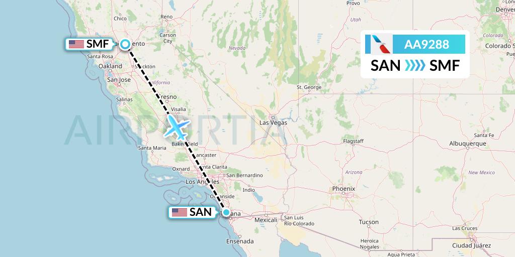 AA9288 American Airlines Flight Map: San Diego to Sacramento