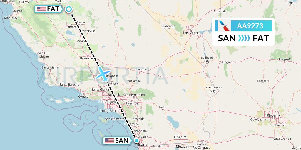 AA9273 American Airlines Flight Map: San Diego to Fresno