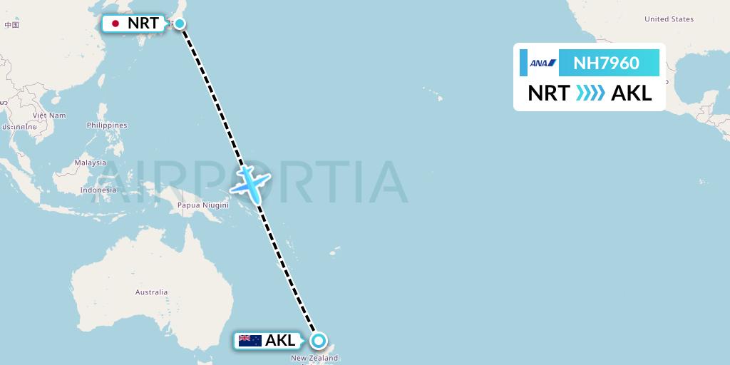 NH7960 All Nippon Airways Flight Map: Tokyo to Auckland