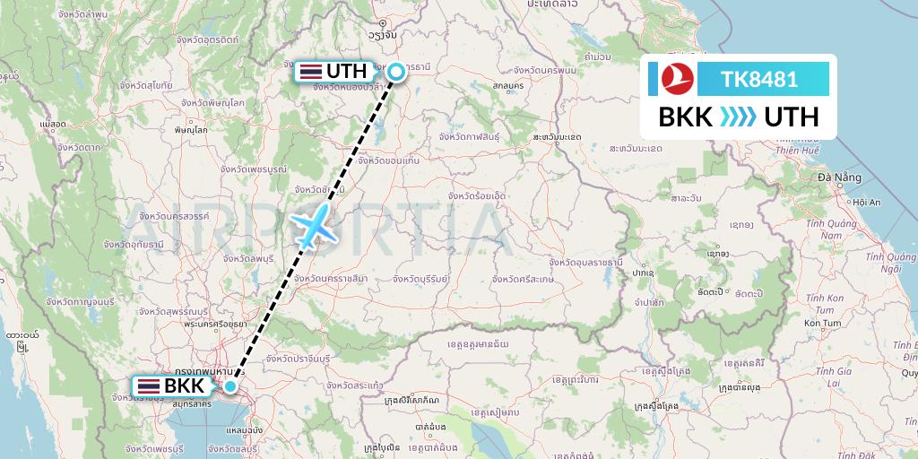TK8481 Turkish Airlines Flight Map: Bangkok to Udon Thani