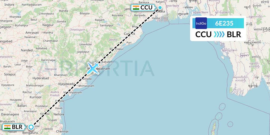 6E235 IndiGo Airlines Flight Map: Kolkata to Bangalore