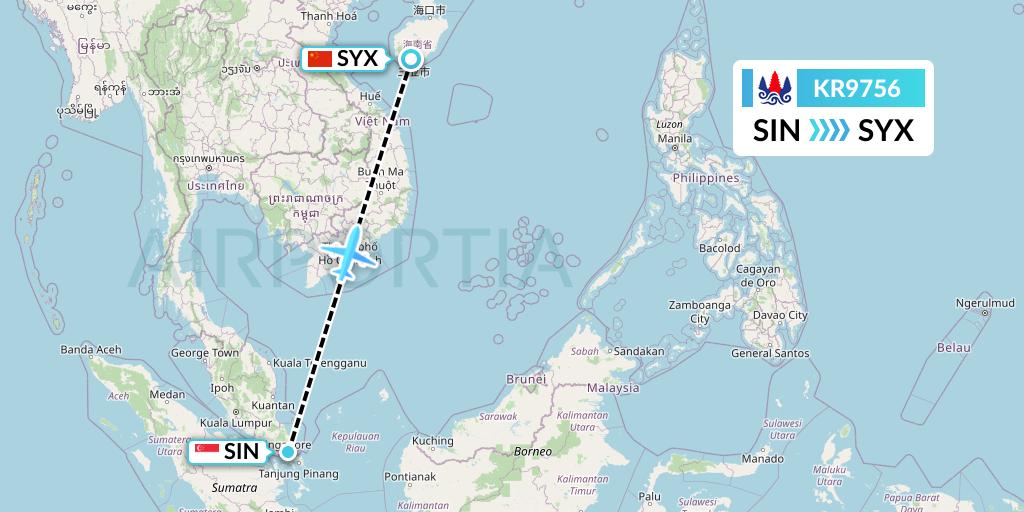 KR9756 Cambodia Airways Flight Map: Singapore to Sanya